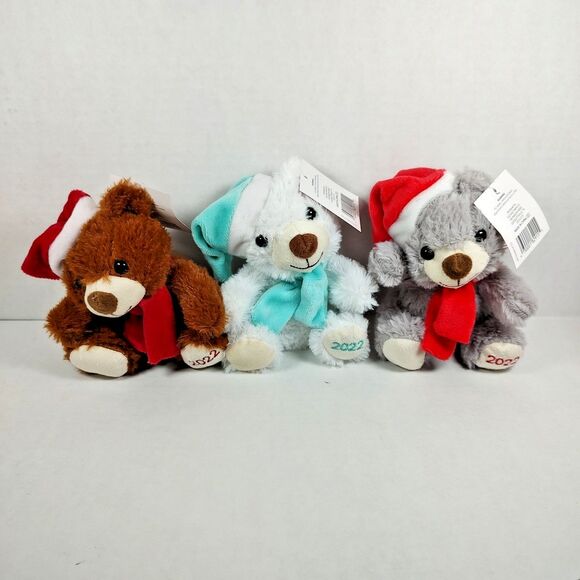Lot of 3 Christmas Mini Plush Bears Multicolor Xmas Gift Santa Hat Bow Stocking - Picture 2 of 16